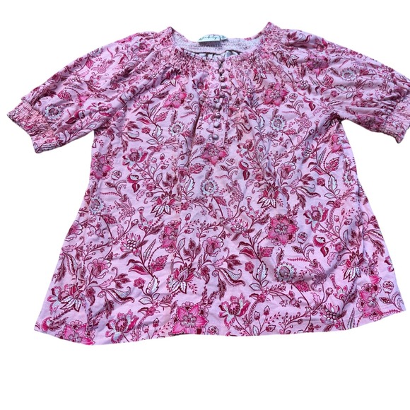 Wonderly Tops - Wonderly Pink Floral Blouse Top Womens Medium‎ Short Sleeve Cottagecore Boho